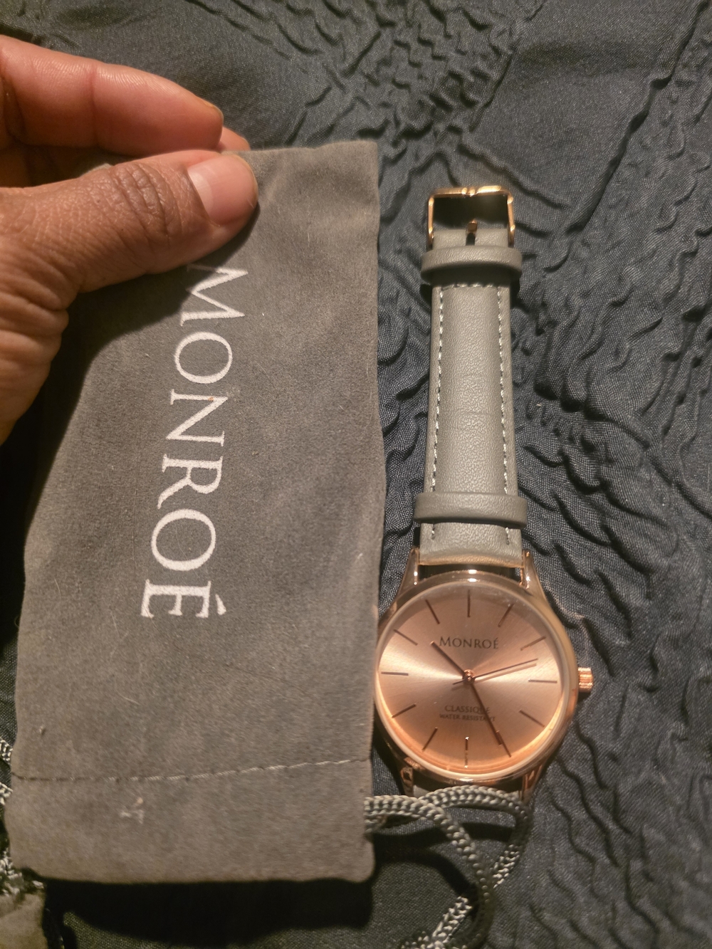 Monroe Rose Gold Dial Watch with Grey Leather Strap
